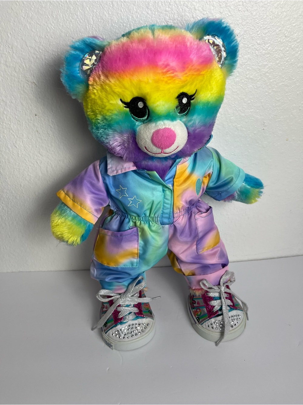 Build A Bear Rainbow Stripe Bear Kids Tie Dye Jumpsuit Sketchers Sparkly Shoe